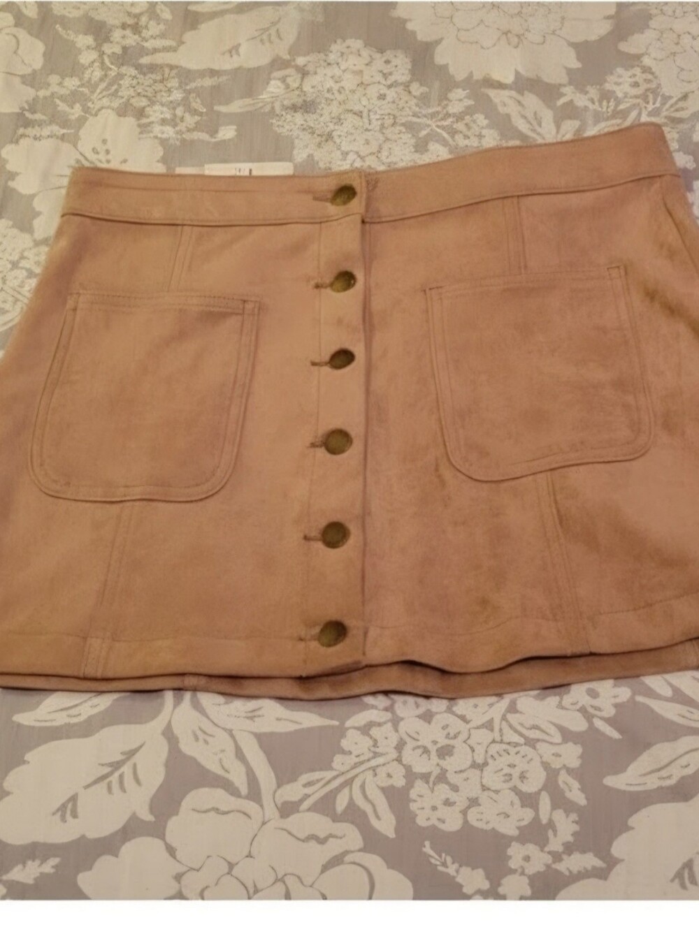 Tan Button-Front Suede Mini Skirt